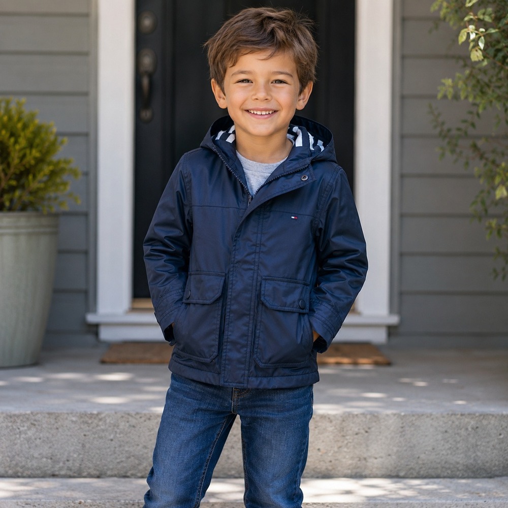 Tommy Hilfiger Raincoat Kids 4/5 Navy Blue Hooded Striped Lining Nautical Jacket